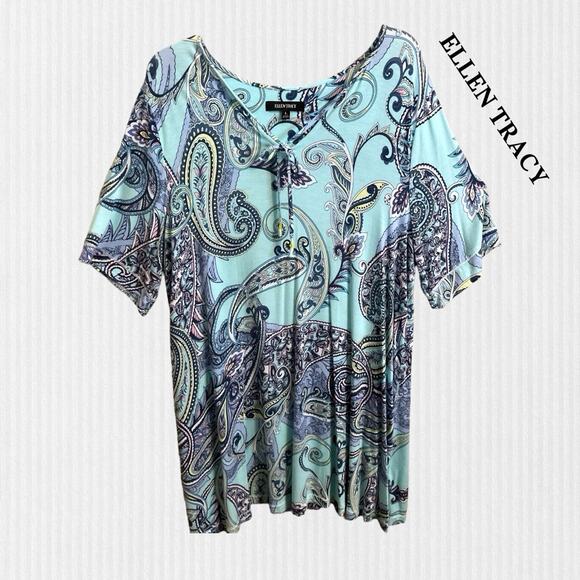 Ellen Tracy Dress Women's Size L Turquoise Blue Paisley Print Short Sleeve Mini - Picture 5 of 6